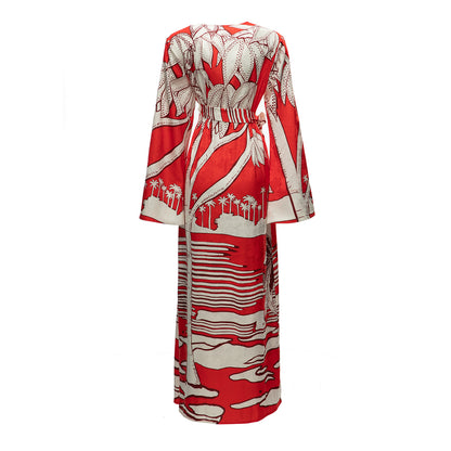 Designer Inspired Women Printed jacquard maxi dress in RED / GREEN