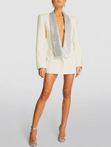 Designer Inspired Women's White Crystal Embellished Tuxedo Short Mini Dress
