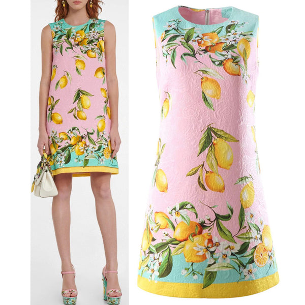 Fashion Runway Summer Mini Dress Women& Pink Lemon Printed Designer Inspired Dresses Beach Holiday Vest Loose Dress