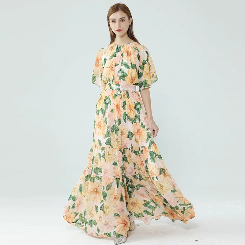 Fashion Designer Inspired Summer Women's Short sleeve Camellia Floral Print Lace-up Bohemia Vacation Silk Maxi Dresses