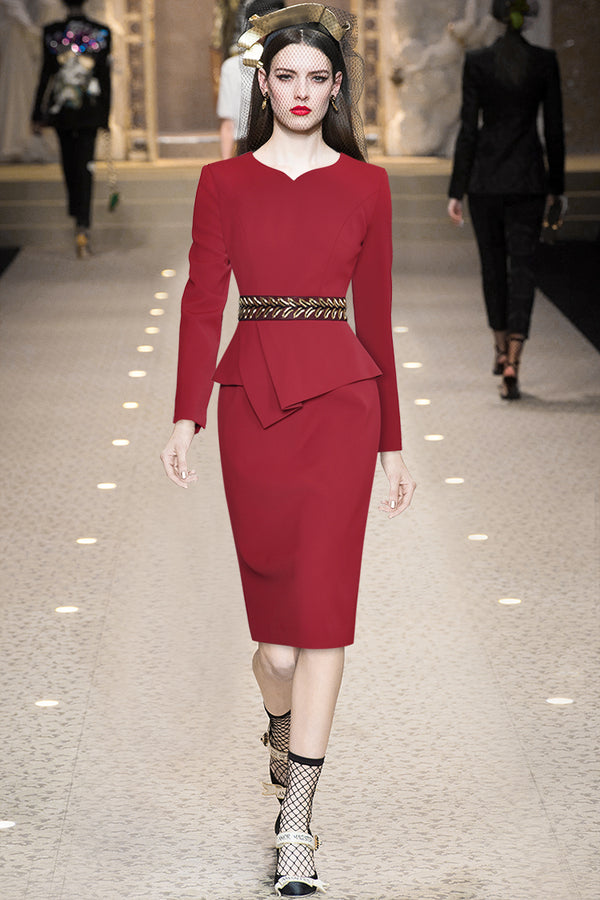 Fashion Designer dress Autumn Women& Dress V Neck Long sleeve Luxury Beading Ruffle Slim Red Dresses