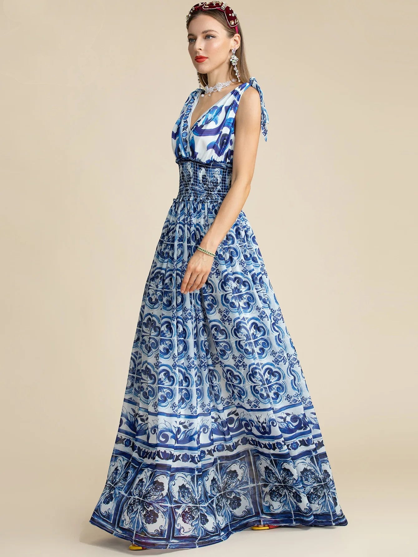 Fashion Women "Majolica-print" Long Maxi Dress With V Neck& Elastic waist