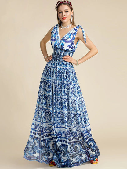 Fashion Women "Majolica-print" Long Maxi Dress With V Neck& Elastic waist
