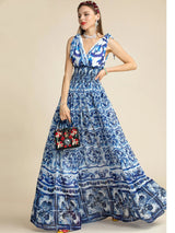 Fashion Women "Majolica-print" Long Maxi Dress With V Neck& Elastic waist