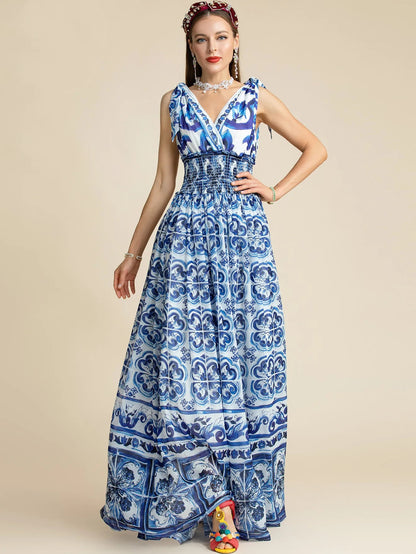 Fashion Women "Majolica-print" Long Maxi Dress With V Neck& Elastic waist
