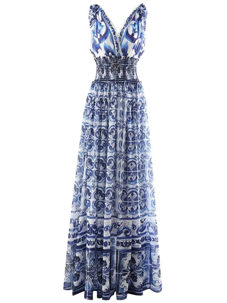 Fashion Women "Majolica-print" Long Maxi Dress With V Neck& Elastic waist