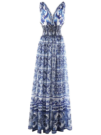 Fashion Women "Majolica-print" Long Maxi Dress With V Neck& Elastic waist