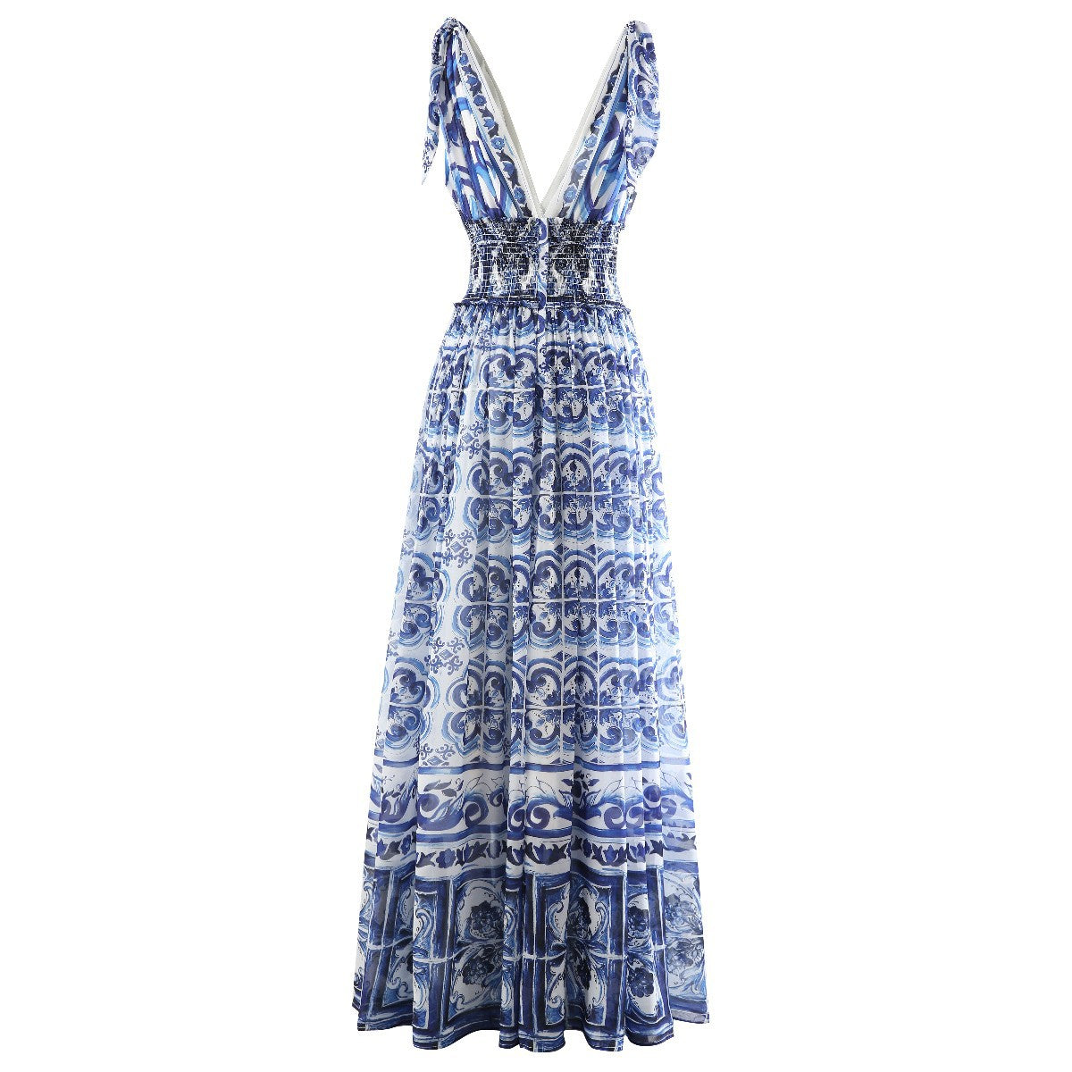Fashion Women "Majolica-print" Long Maxi Dress With V Neck& Elastic waist