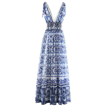Fashion Women "Majolica-print" Long Maxi Dress With V Neck& Elastic waist