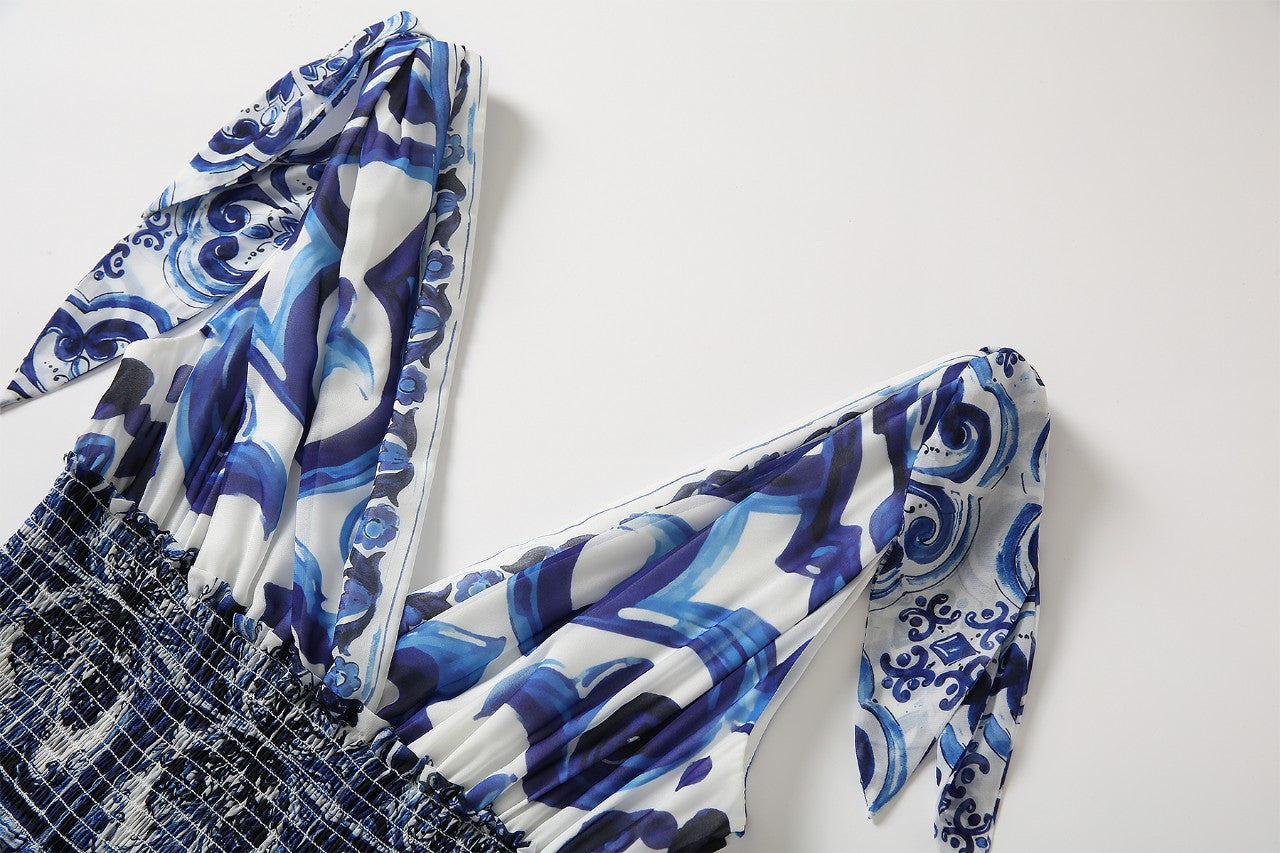 Fashion Women "Majolica-print" Long Maxi Dress With V Neck& Elastic waist