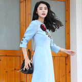 Fashion Women Mini Dress with Embroidered Paillettes Rose in Blue