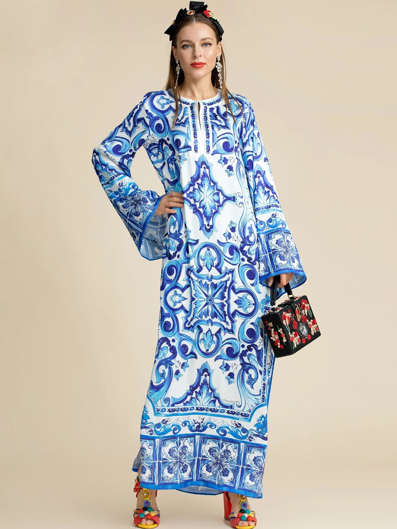 Fashionable Designer ”Majolica-print “ Maxi kaftan dress for women Plus Size
