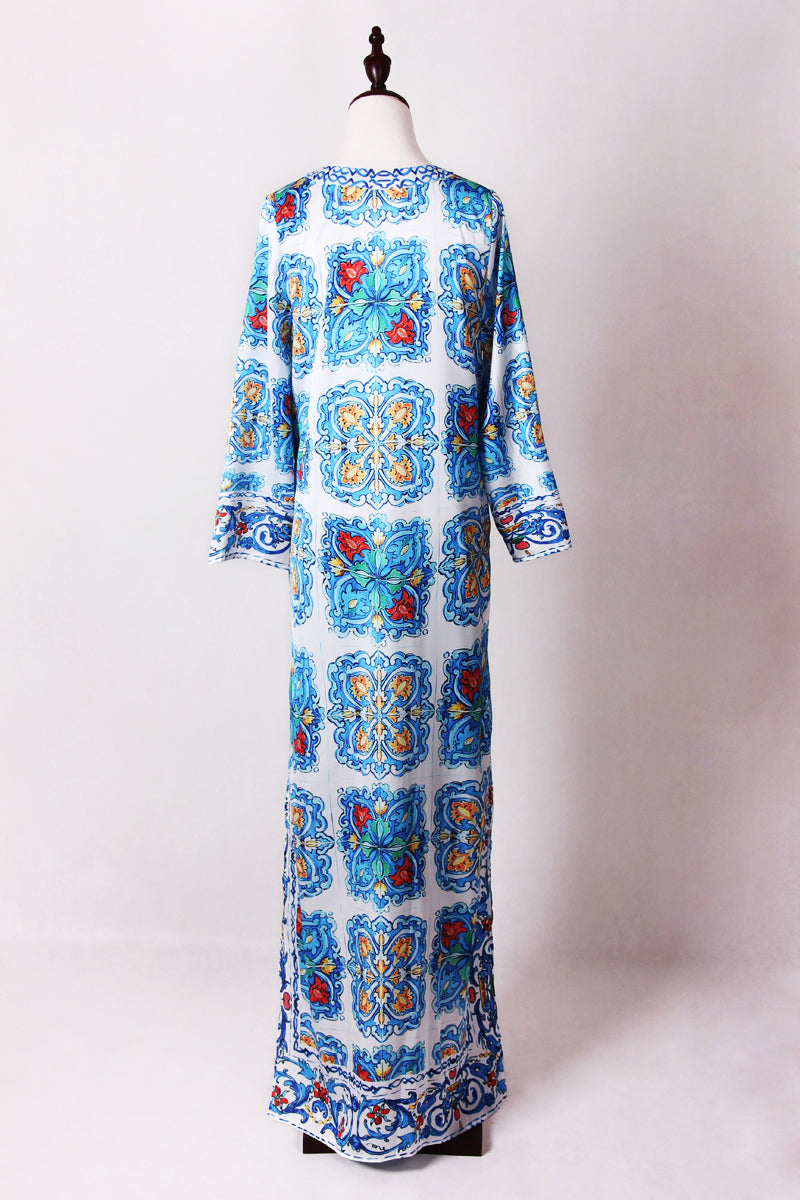 “Majolica” Tile Print Long Kaftan Dress Designer Inspired Women  Runway Fashion Maxi dress