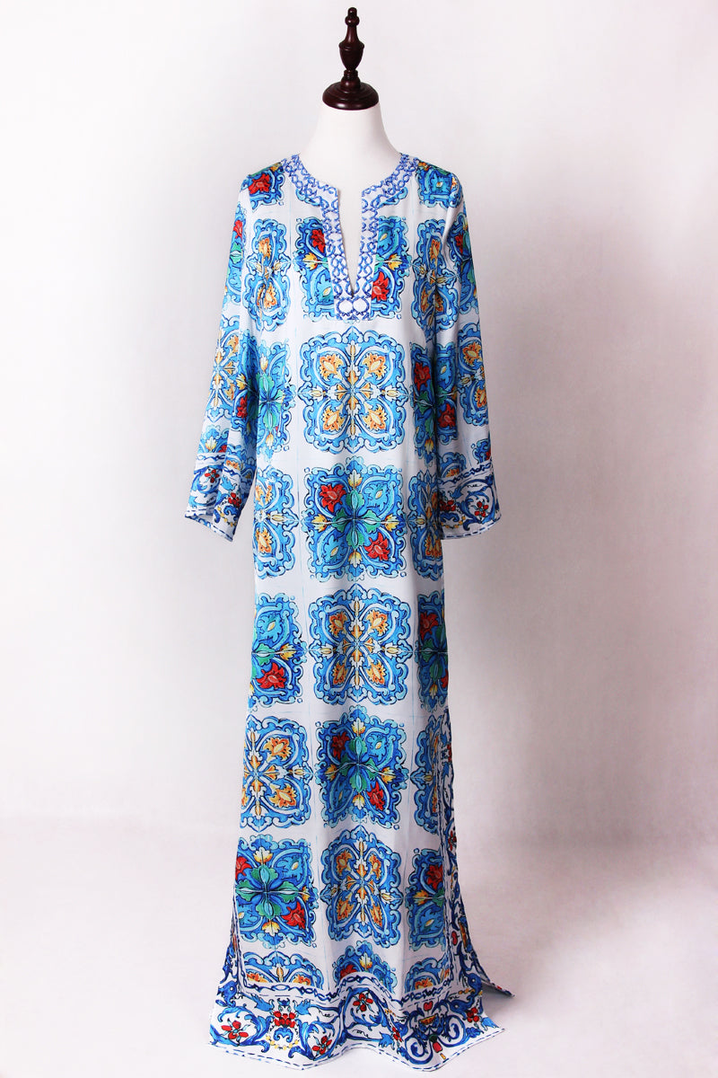 “Majolica” Tile Print Long Kaftan Dress Designer Inspired Women  Runway Fashion Maxi dress