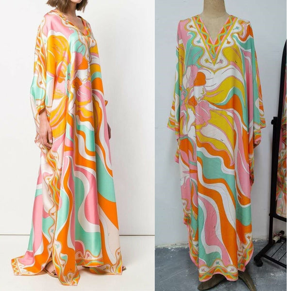 Italy Stylish Designer Inspired Women Jersey Silk Kaftan Dress Oversize V-Neck Long Maxi Dress Swimsuit Print Cover Orange