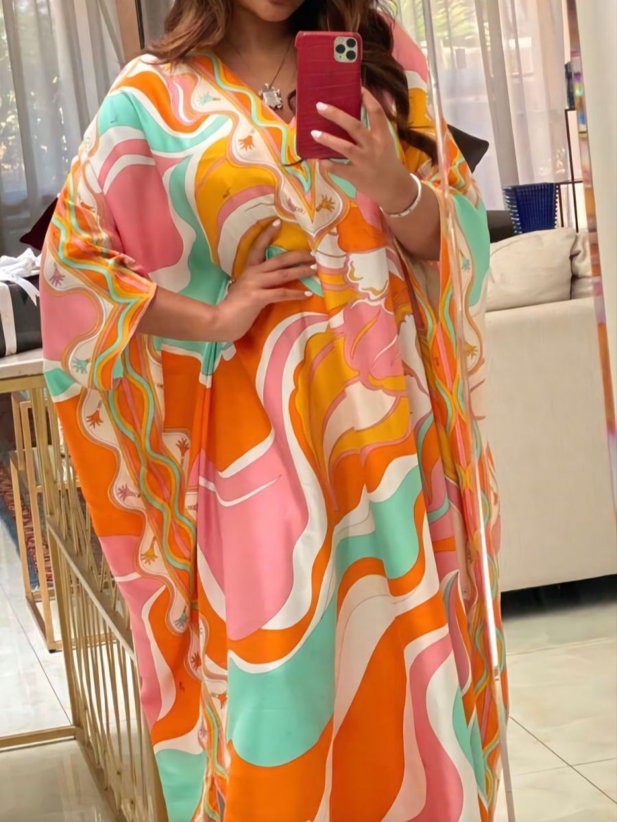 Italy Stylish Designer Inspired Women Jersey Silk Kaftan Dress Oversize V-Neck Long Maxi Dress Swimsuit Print Cover Orange