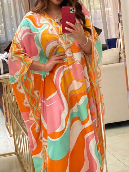 Italy Stylish Designer Inspired Women Jersey Silk Kaftan Dress Oversize V-Neck Long Maxi Dress Swimsuit Print Cover Orange