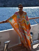 Italy Stylish Designer Inspired Women Jersey Silk Kaftan Dress Oversize V-Neck Long Maxi Dress Swimsuit Print Cover Orange