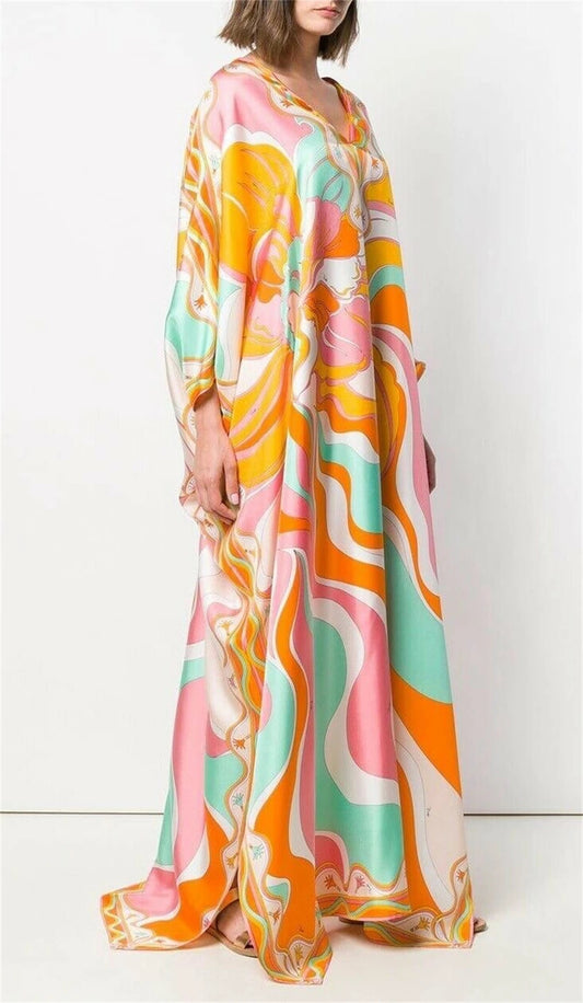 Italy Stylish Designer Inspired Women Jersey Silk Kaftan Dress Oversize V-Neck Long Maxi Dress Swimsuit Print Cover Orange