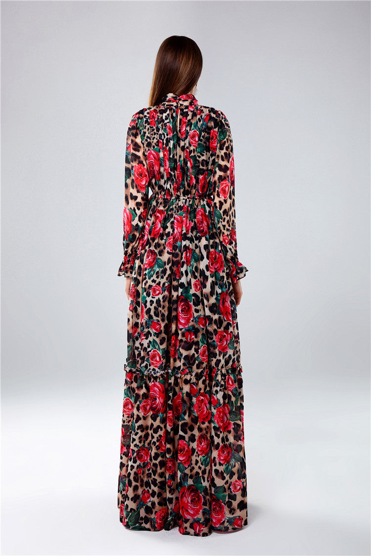 Italy stylish Women's Long Sleeve "Rose Leopard " Print Maxi Dress