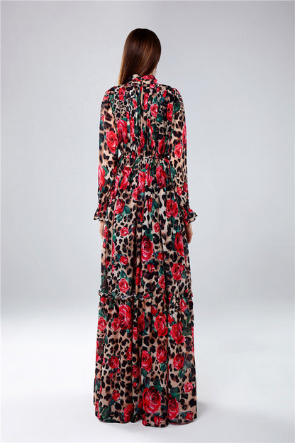 Italy stylish Women's Long Sleeve "Rose Leopard " Print Maxi Dress