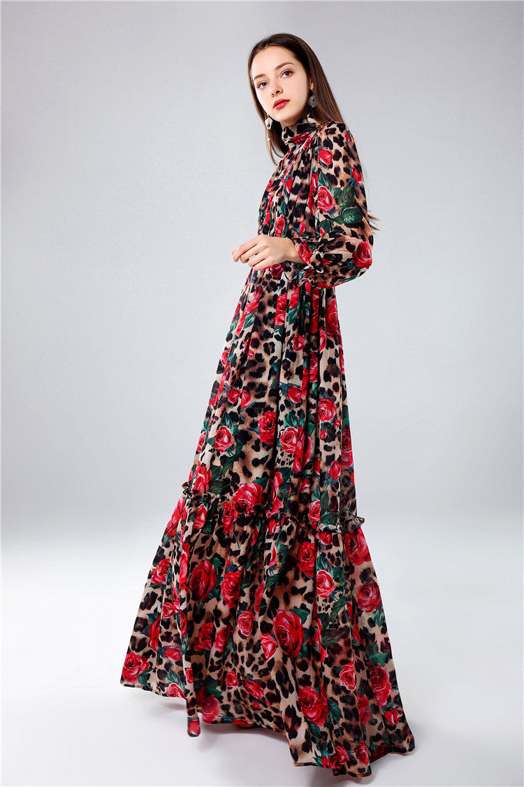 Italy stylish Women's Long Sleeve "Rose Leopard " Print Maxi Dress