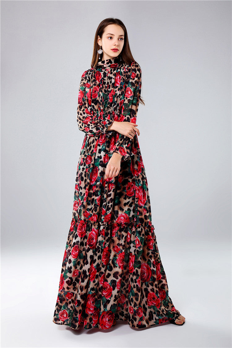 Italy stylish Women's Long Sleeve "Rose Leopard " Print Maxi Dress