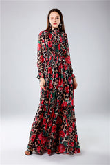 Italy stylish Women's Long Sleeve "Rose Leopard " Print Maxi Dress