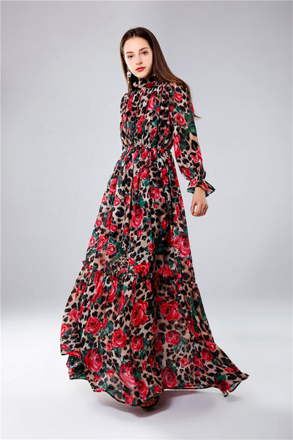 Italy stylish Women's Long Sleeve "Rose Leopard " Print Maxi Dress