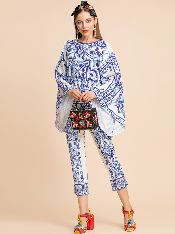 Designer Inspired“Majolica-print ”Blouse &Pant Women Suitset