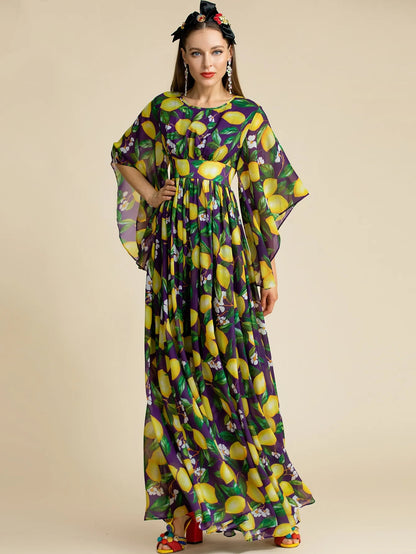 Women fashion Lemon Print Chiffon Backless Maxi Dress with Butterfly Sleeve for Summer vacation party from Designer Inspired Runway Fashion