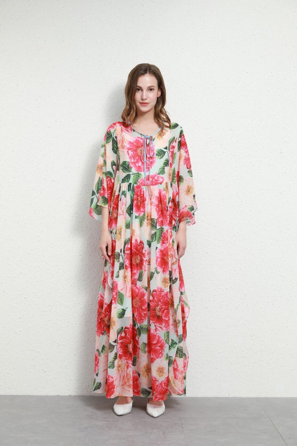 Luxury Designer Inspired Fashion Women Foral Camellia-Print Chiffon Kaftan Dress Loose Long Maxi Dress