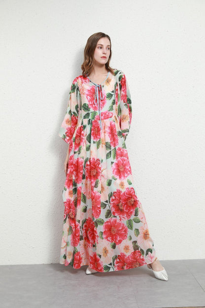 Luxury Designer Inspired Fashion Women Foral Camellia-Print Chiffon Kaftan Dress Loose Long Maxi Dress
