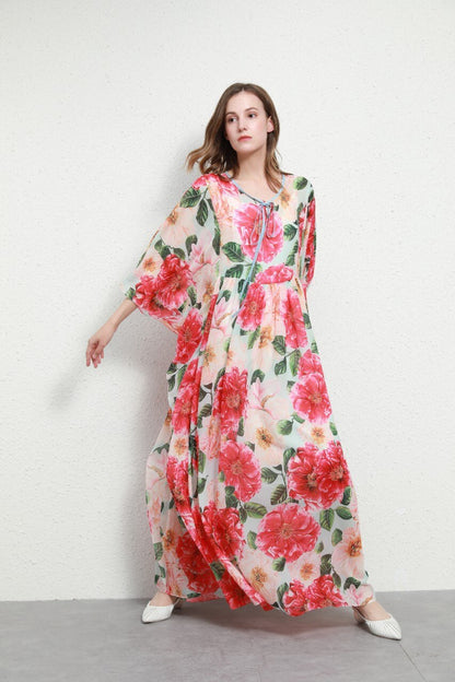 Luxury Designer Inspired Fashion Women Foral Camellia-Print Chiffon Kaftan Dress Loose Long Maxi Dress