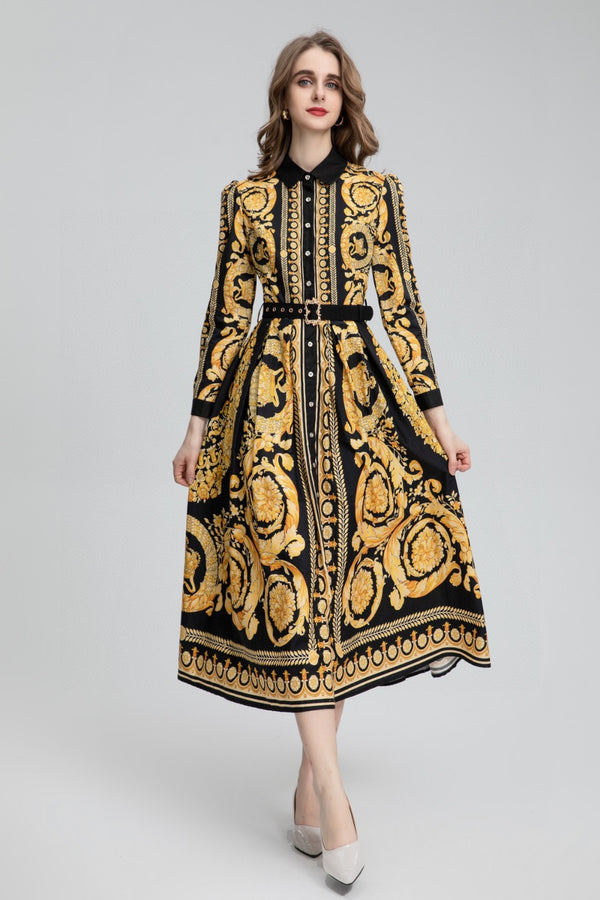 Luxury Designer inspired Vintage "Baroque" Print Midi Dress With Waist Belt and Long Sleeve Women Dresses Runway Fashion 2023