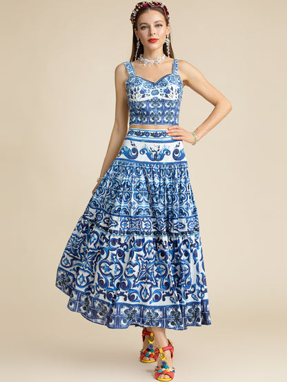 "Majolica-print" Women  Cotton Top and Skirt Suitset 