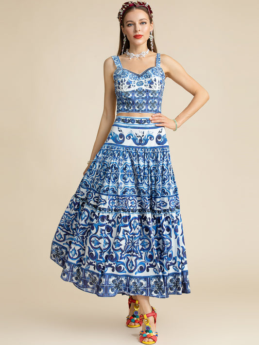 "Majolica-print" Women  Cotton Top and Skirt Suitset 