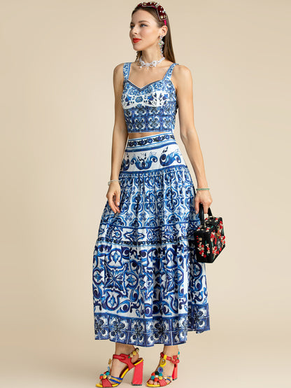 "Majolica-print" Women  Cotton Top and Skirt Suitset 
