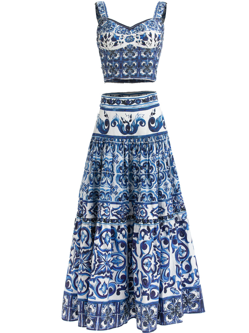 "Majolica-print" Women  Cotton Top and Skirt Suitset 