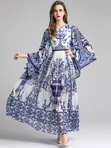 Summer Fashion Designer Women“Majolica-print ”Dress Batwing Sleeve Blue and White Bohemian Long Maxi Dress