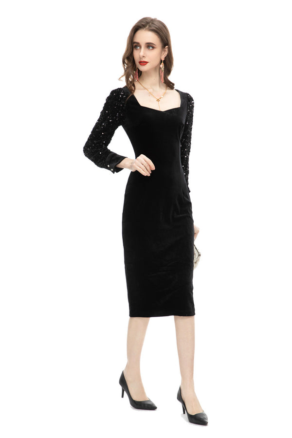Designer Inspired Spring New Long Sleeve Slim Fit Hip Package Temperament Solid Color Bottoming Sequin Slim Sexy Dress