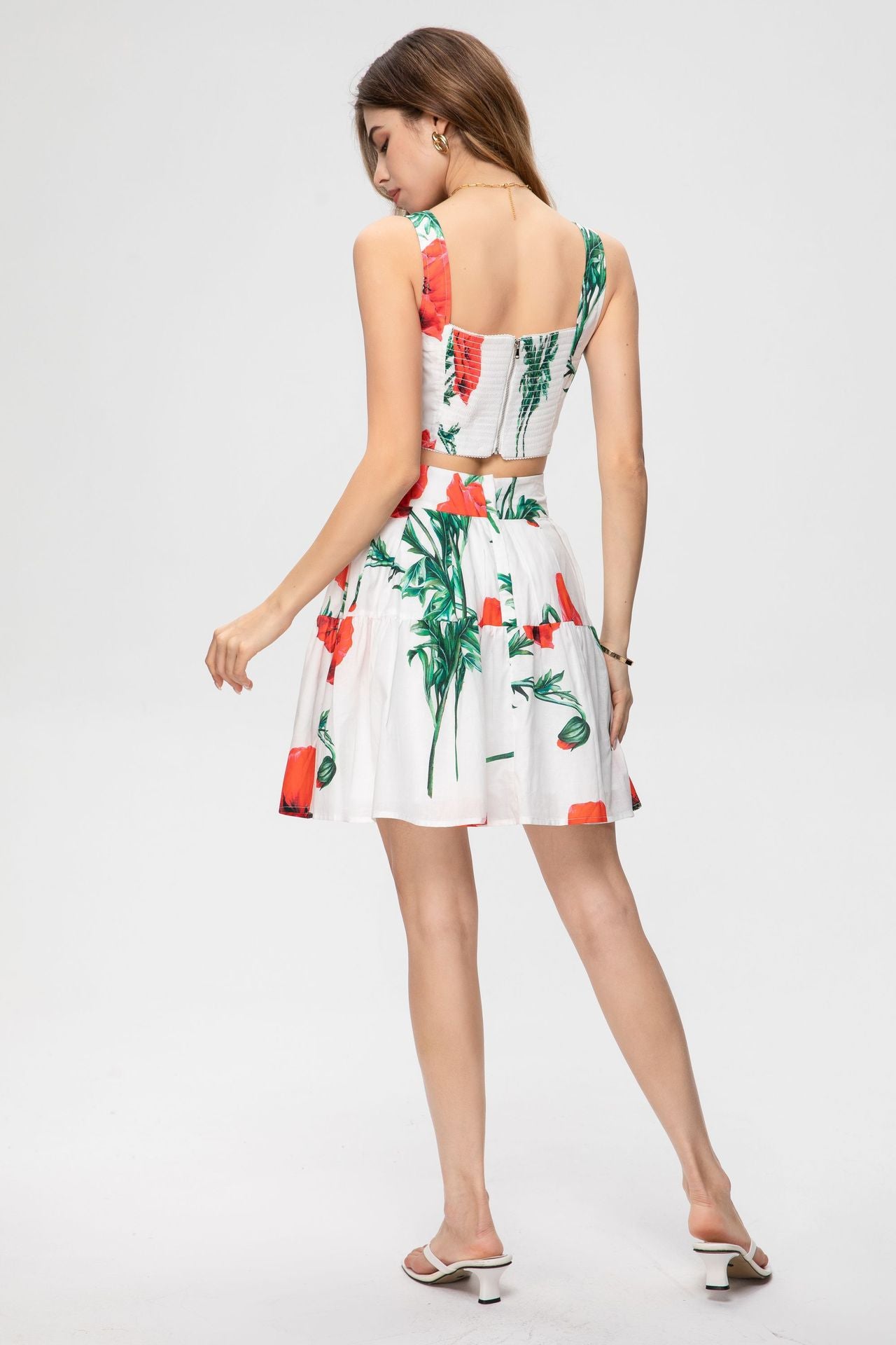 Luxury Designer Inspired spring and summer new quality women's girls cotton printed fashion suit with chest wipe vest and high waist large swing half skirt