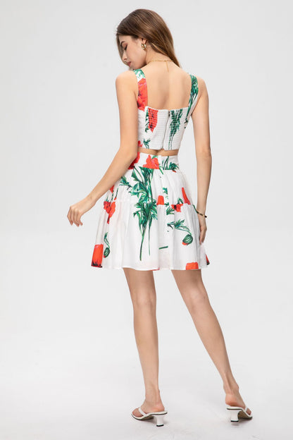 Luxury Designer Inspired spring and summer new quality women's girls cotton printed fashion suit with chest wipe vest and high waist large swing half skirt
