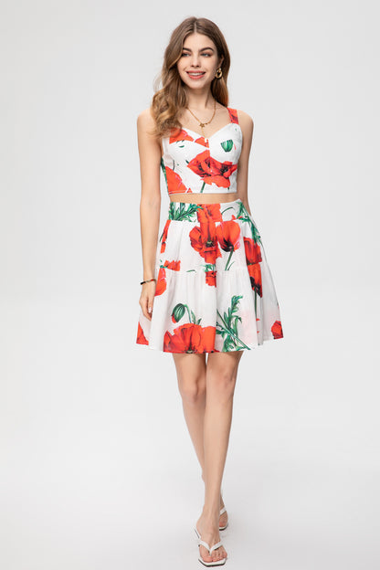 Luxury Designer Inspired spring and summer new quality women's girls cotton printed fashion suit with chest wipe vest and high waist large swing half skirt