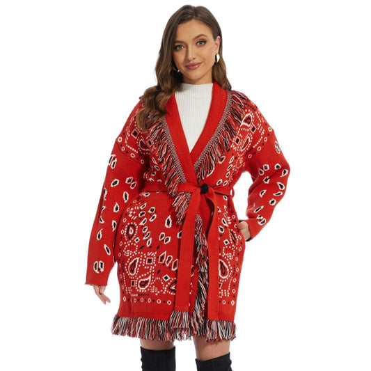 Red Icon Jacquard Women Cardigan With Fringes Oversize