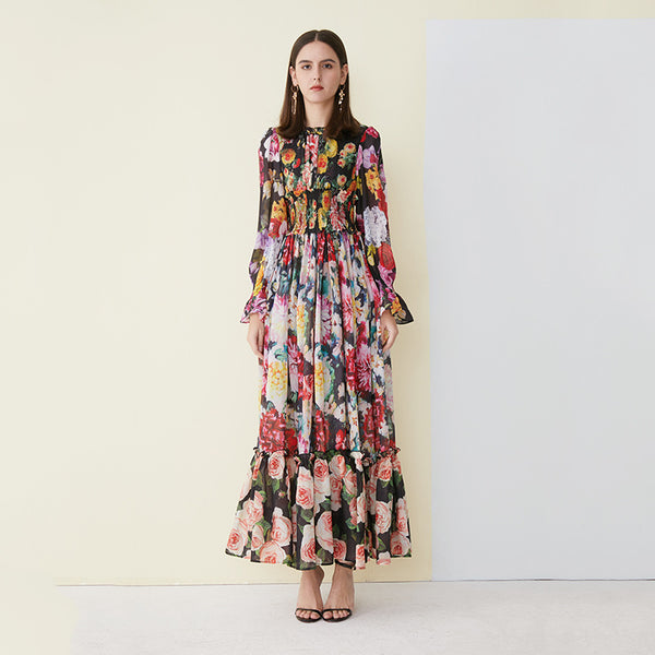 Runway Fahion Women Blouson-Sleeve Floral-Print Chiffon Maxi Dress Designer Inspired Gown