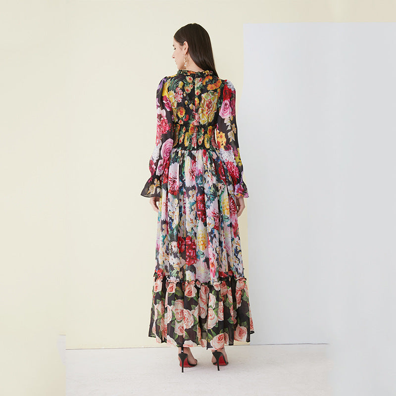 Runway Fahion Women Blouson-Sleeve Floral-Print Chiffon Maxi Dress Designer Inspired Gown