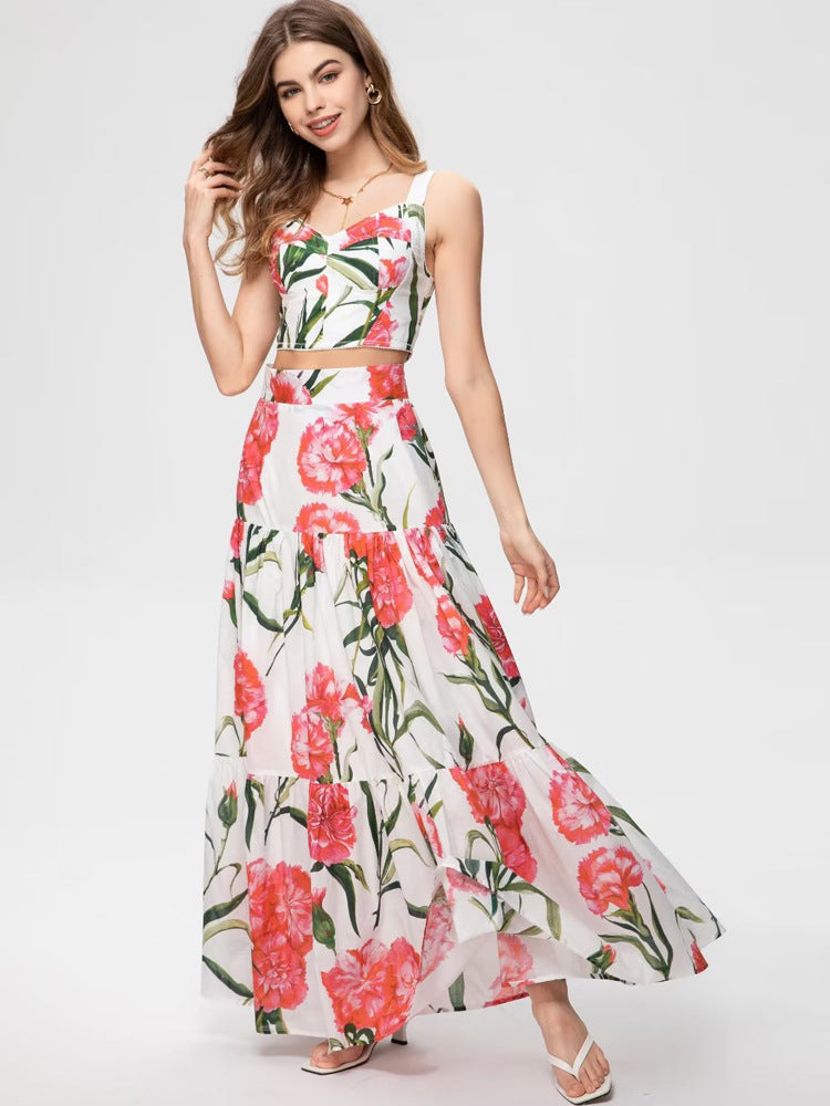 Runway Fashion Designer inspired Women Poppy-Print Cotton Corset Top and Midi Skirt  elegant Set for Summer vacation
