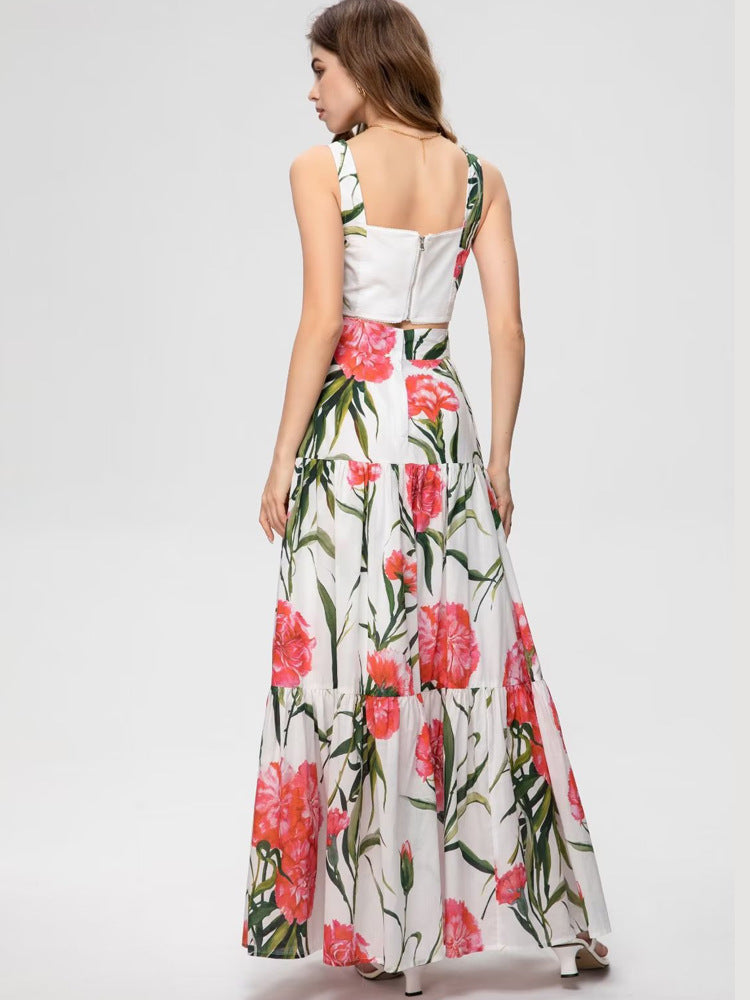 Runway Fashion Designer inspired Women Poppy-Print Cotton Corset Top and Midi Skirt  elegant Set for Summer vacation