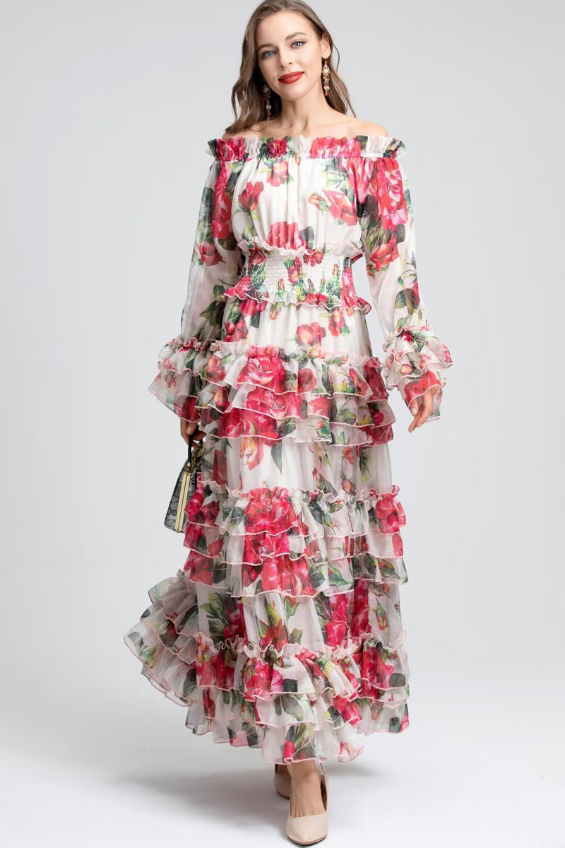 Runway Fashion Women Off Shoulder Floral Print Maxi Dress Luxury Party Elegant Long Summer Dresses 2023